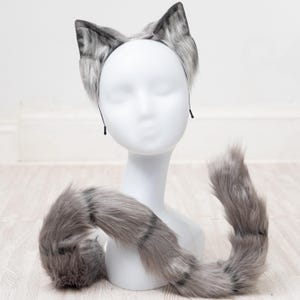 Gray striped cat ears and tail, gray tabby cat ears and tail, furry cosplay, lifelike animal ears, cute kawaii anime