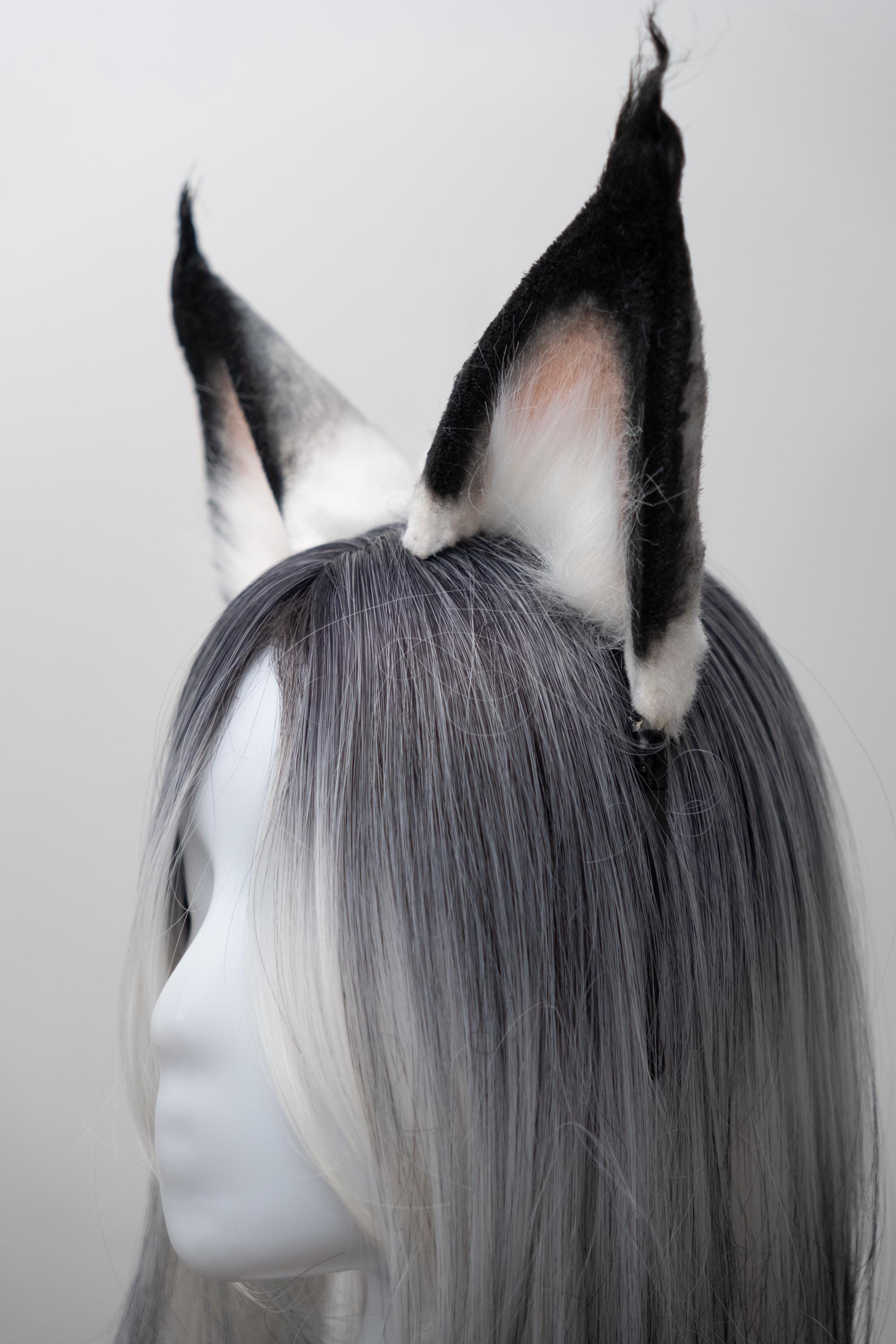 Black and Grey Fox Wolf Cat Ears Headband by Foxxyfurends Gray Black Furry Fox Ears Headband Earmuffs Cosplay Costume  main image 2