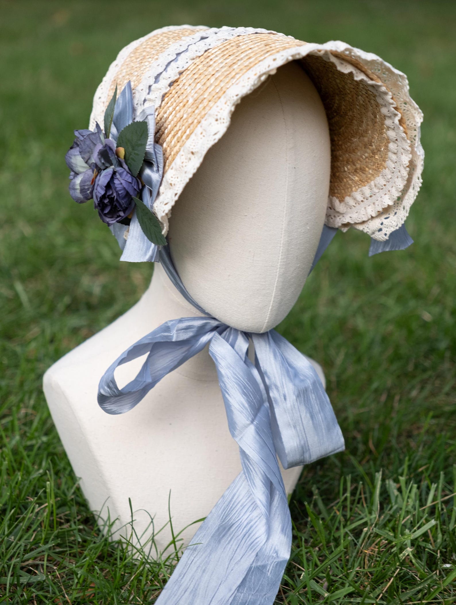 Bonnet Ribbon Victorian Flat Bonnet With Blue Ribbons and Flowers, Adult Size ...