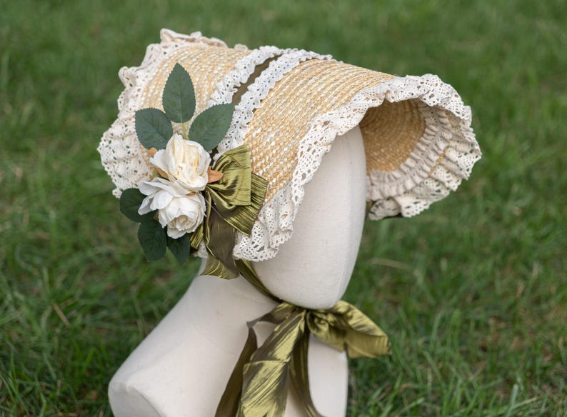 Victorian Flat Bonnet With Green Ribbons and Flowers, Adult Size ...