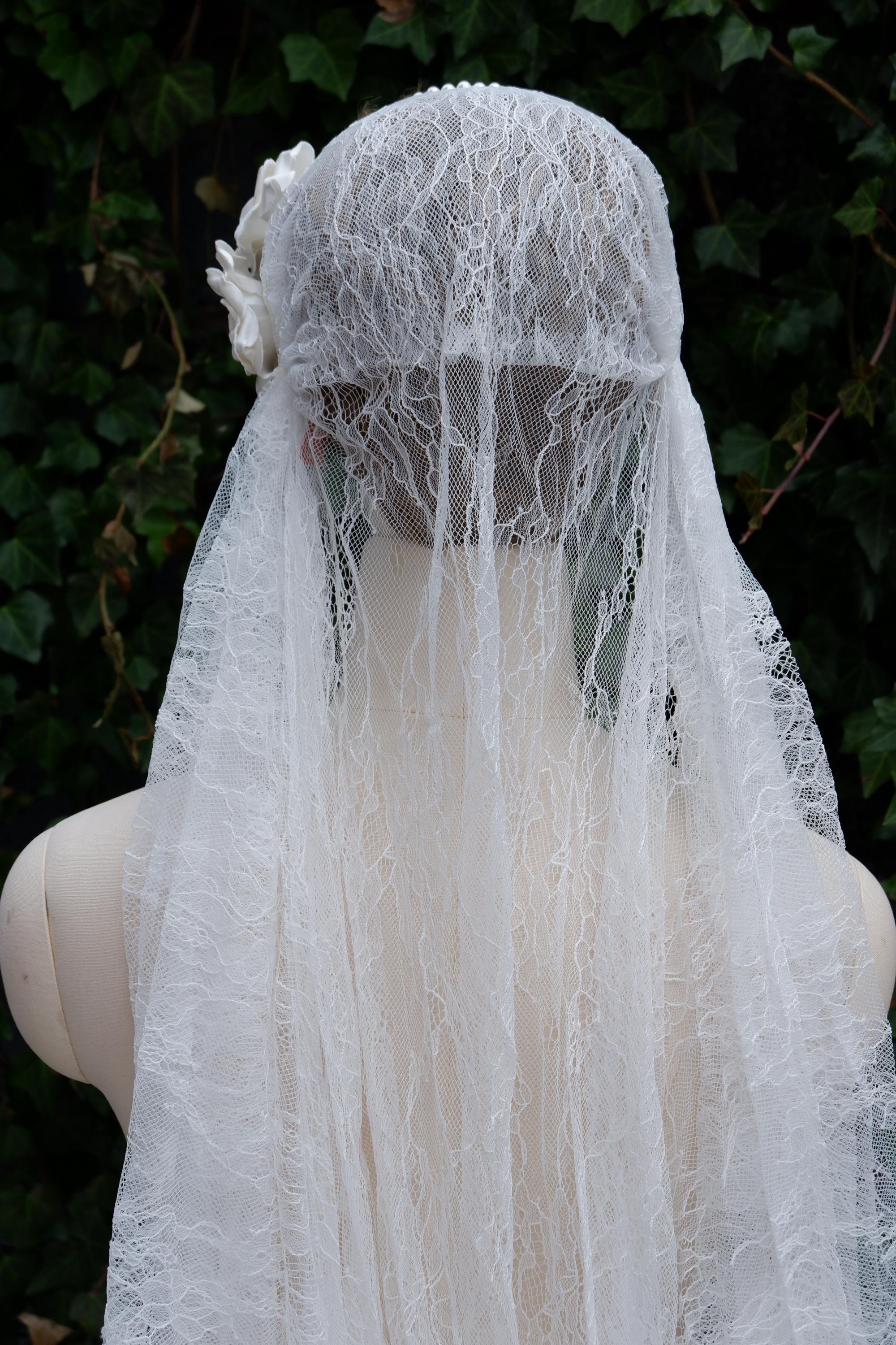Wedding Bridal Veil, White, With Faux Pearls and Flowers 