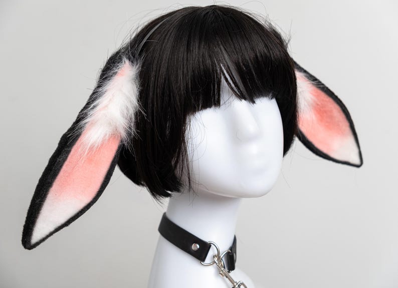 May include: A black wig with pink and white bunny ears and a black leather choker with a silver chain.