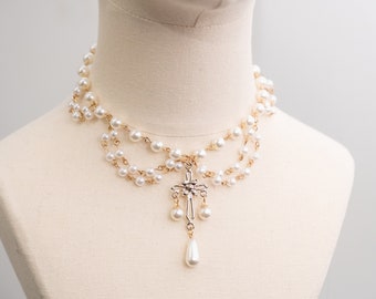 Sweet White Gold Rococo Necklace Japanese Kpop Kawaii Classic Lolita Pearl Retro Lace Royal Princess