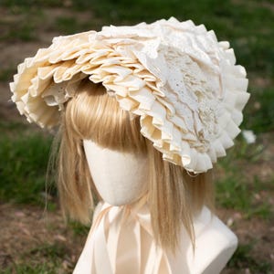 Victorian Flat Bonnet, Beige, Cotton Fabric With Lace  display picture 3