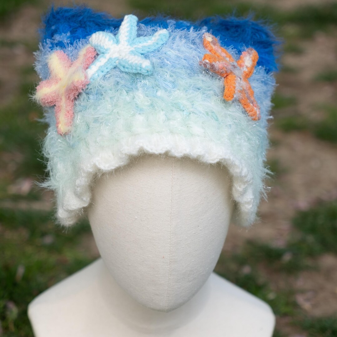 Star Fish Shell Hat Starfish and Ocean Hat, Gradient Blue Hat With Starfish Pins, Adult ...