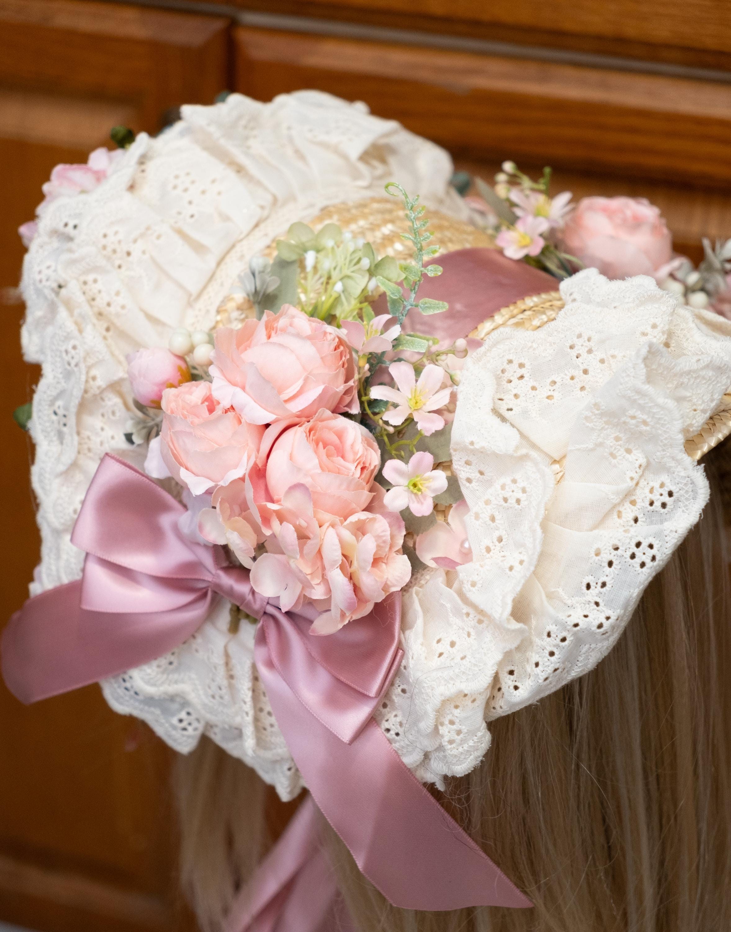 Antique Cream Net Pink rose Silk Ribbons Bow Lace Bed Cap  display picture 1