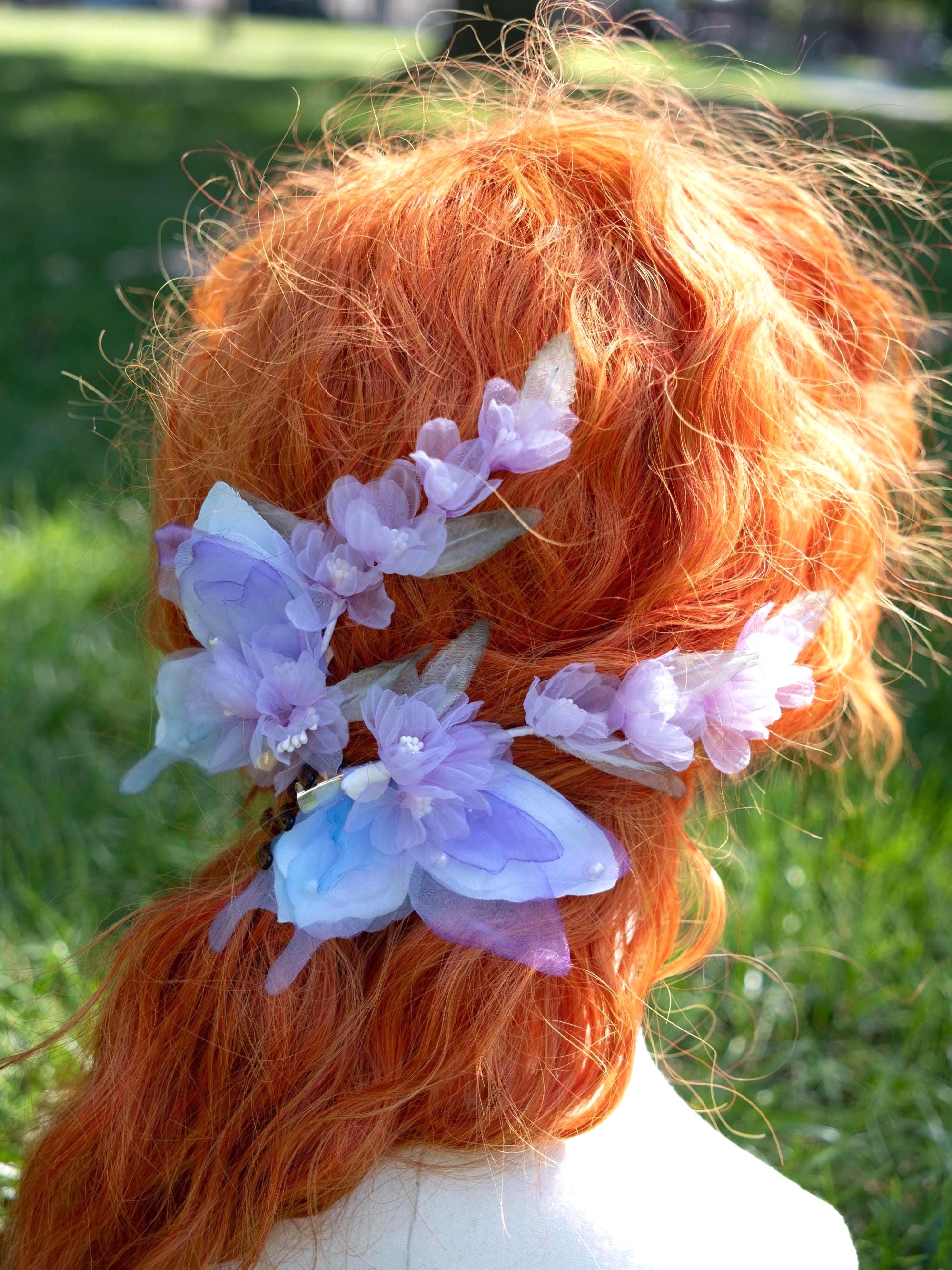 Artist Made MYSTICAL Purple Blue Party Festival Flower HairClip Decor Tassel Purple Easter Bunny Handmade Kanzashi Cherry Blossom Sakura  main image 2