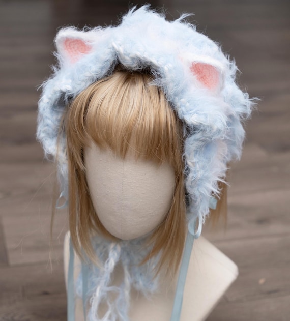 Kawaii Cat Ear Headband, Blue and Pink, Adult Size, Handknitted