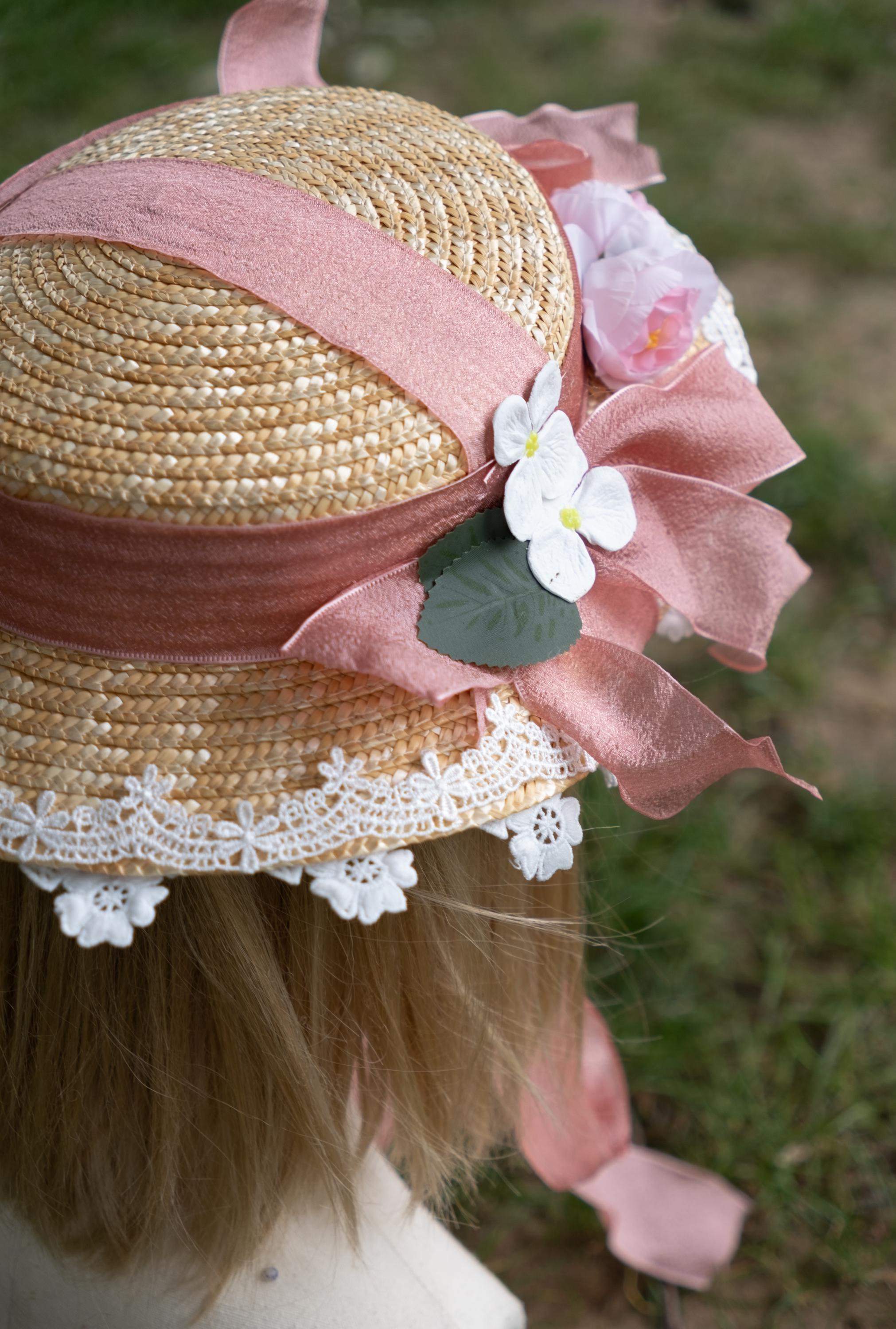 Antique beige Lace Bed Cap Pink rose Silk Ribbons Bow Morning Bonnet Hat Antique Vintage Pink Silk Flower Ruffled Baby Bonnet, Cap  main image 4