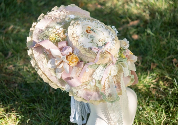 Victorian Bonnet, Pink Beige Green, With Flowers, Ribbons  display picture 3
