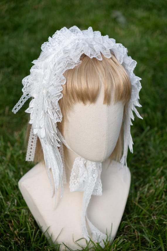Victorian Headband Bonnet With Angel Wings, White, Lace Fabric