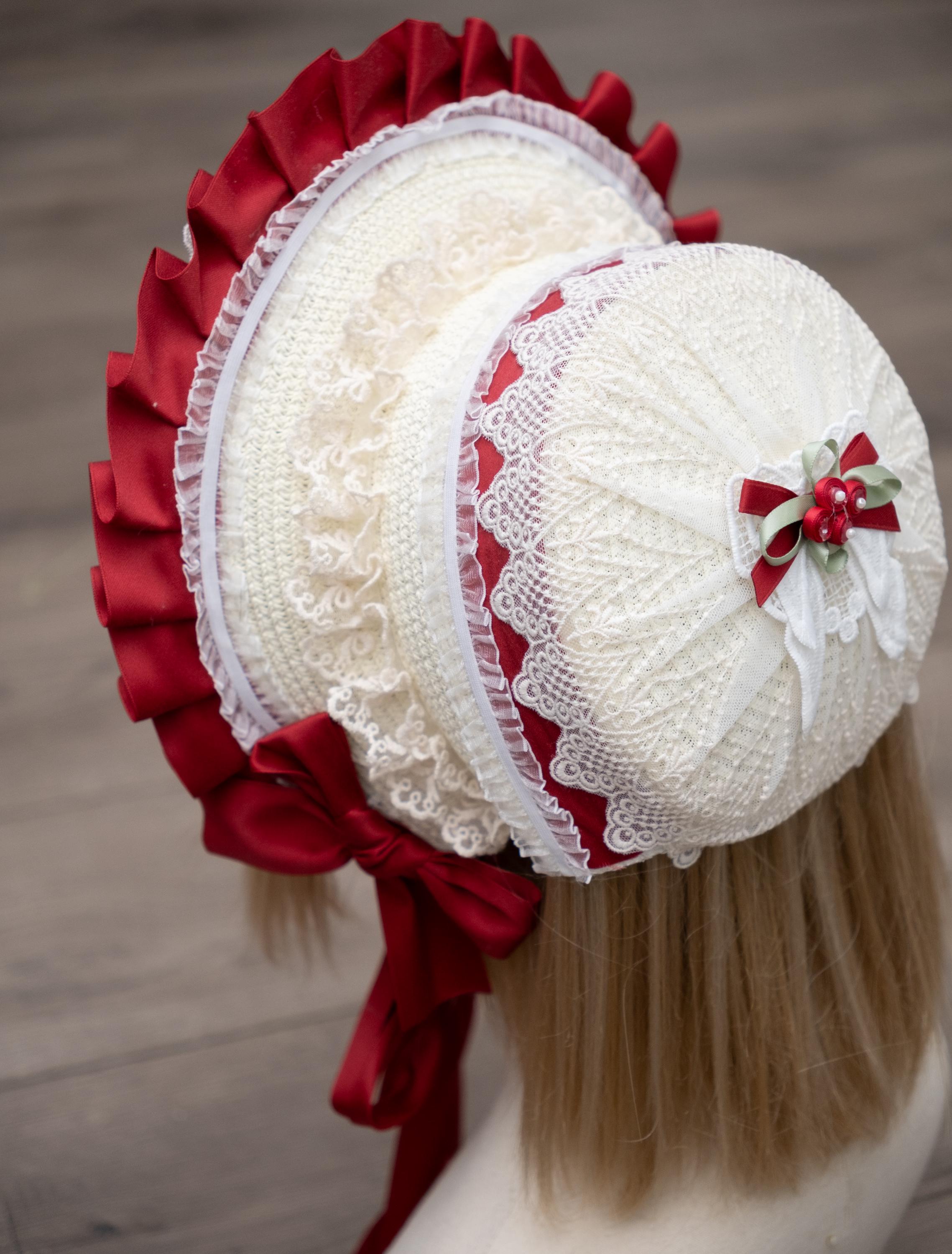 Classic Lolita Bonnet Hat, Red Beige, Vintage-inspired  display picture 1