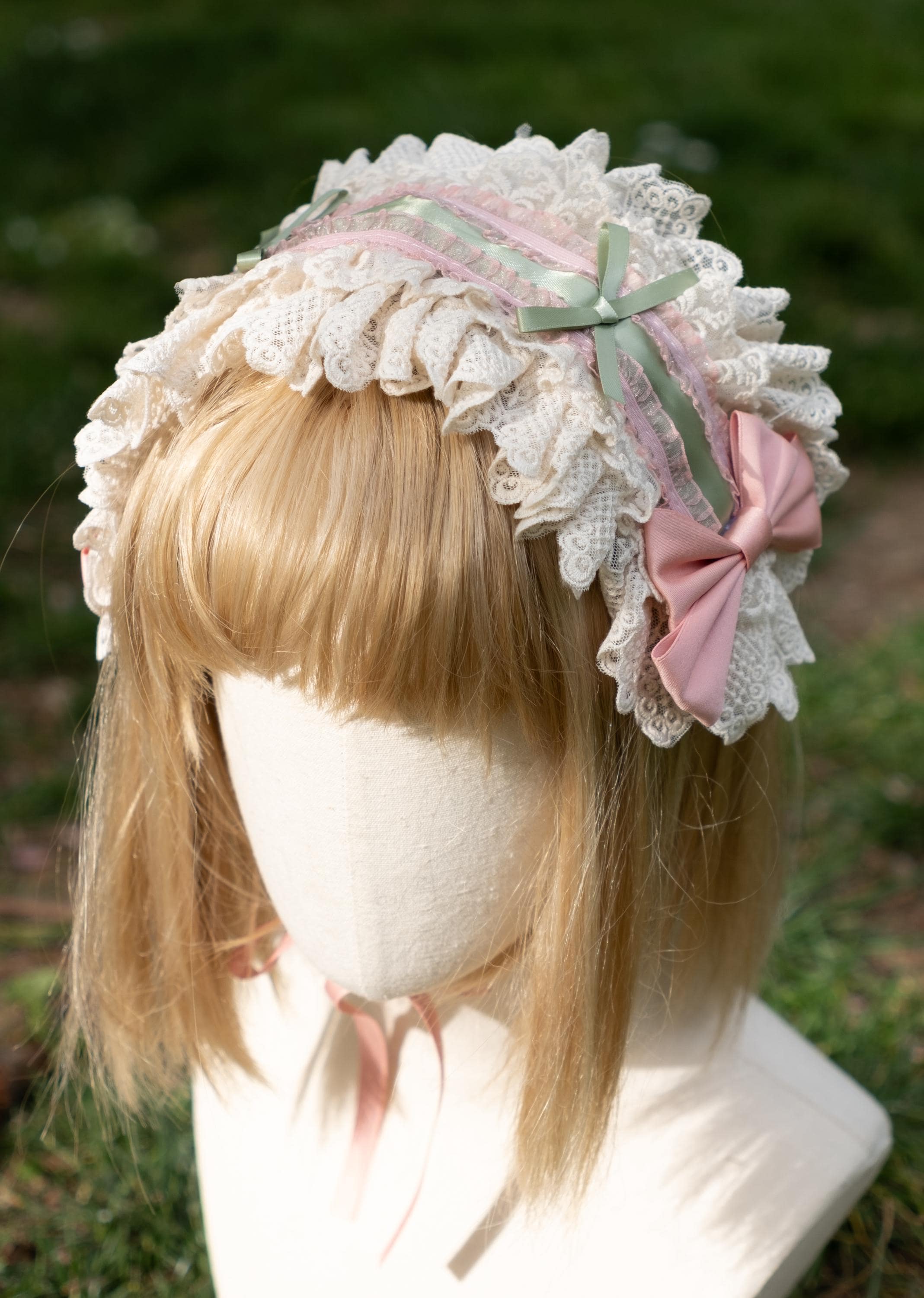 Sweet Lolita Headband, Pink and Green, Beige, With Lace and Bowtie