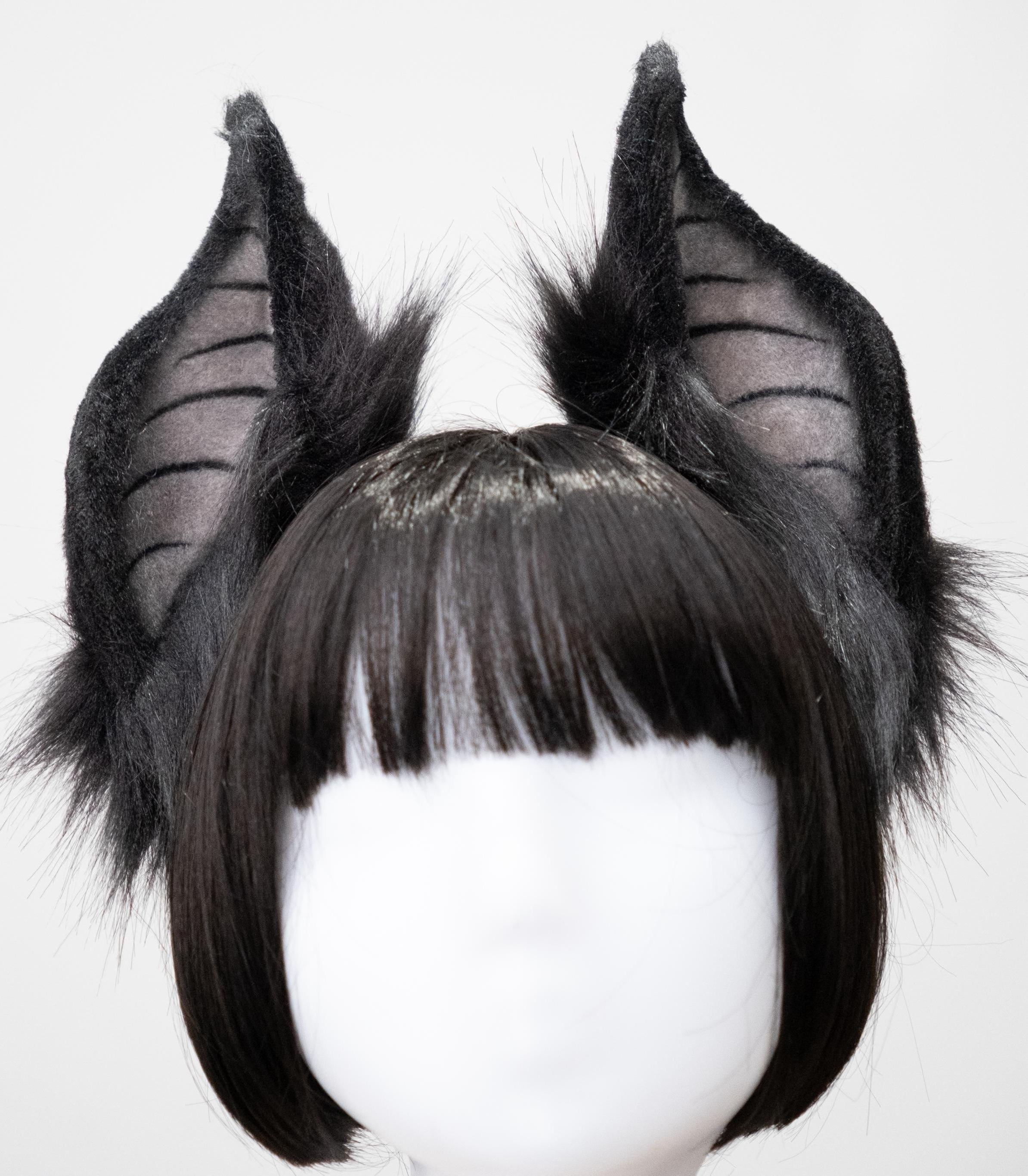 Ship after 08/10 | Black Bat Ears, Black Gray Furry Bat Ears, Demon Bat Ears, Halloween Handmade Realistic Faux Fur