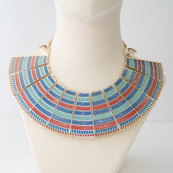 Ship after Apr. 15th | Replica ancient Egyptian necklace, Usekh collar of Tutankhamun, 14k gold plated alloy steel, glazed