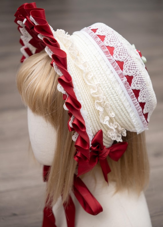 Classic Lolita Bonnet Hat, Red Beige, Adult Size, Vintage  display picture 1