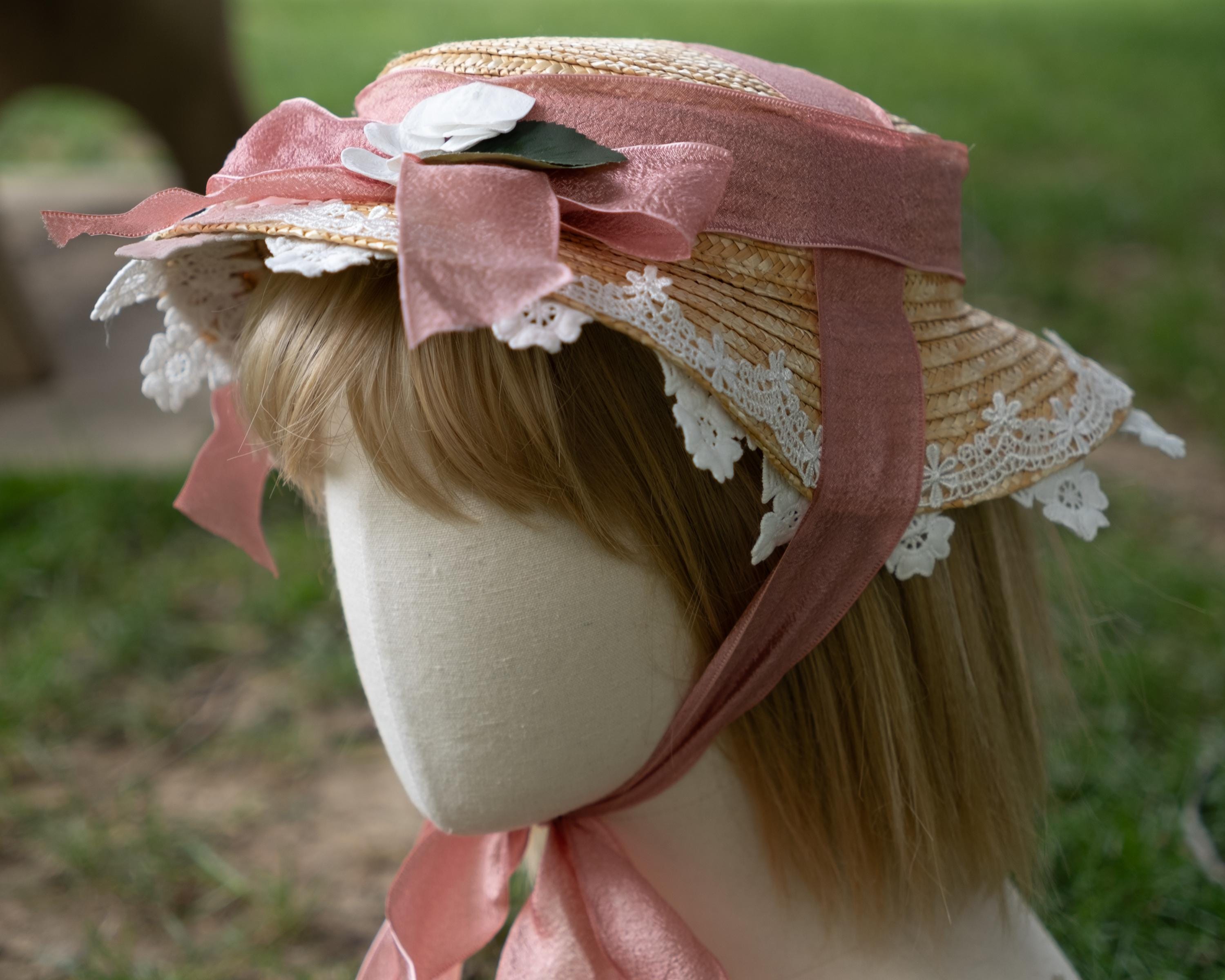 Antique beige Lace Bed Cap Pink rose Silk Ribbons Bow Morning Bonnet Hat Antique Vintage Pink Silk Flower Ruffled Baby Bonnet, Cap  main image 3