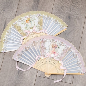 Victorian fan, beige pink green, with laces, ribbons and oil painting portrait, handfan