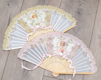 Ship after 10/10 | Victorian fan, beige pink green, with laces, ribbons and oil painting portrait, handfan