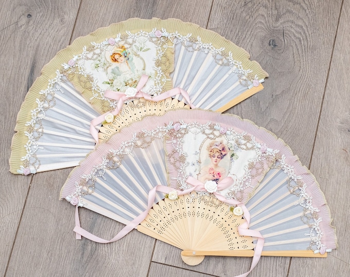 Victorian fan, beige pink green, with laces, ribbons and oil painting portrait, handfan