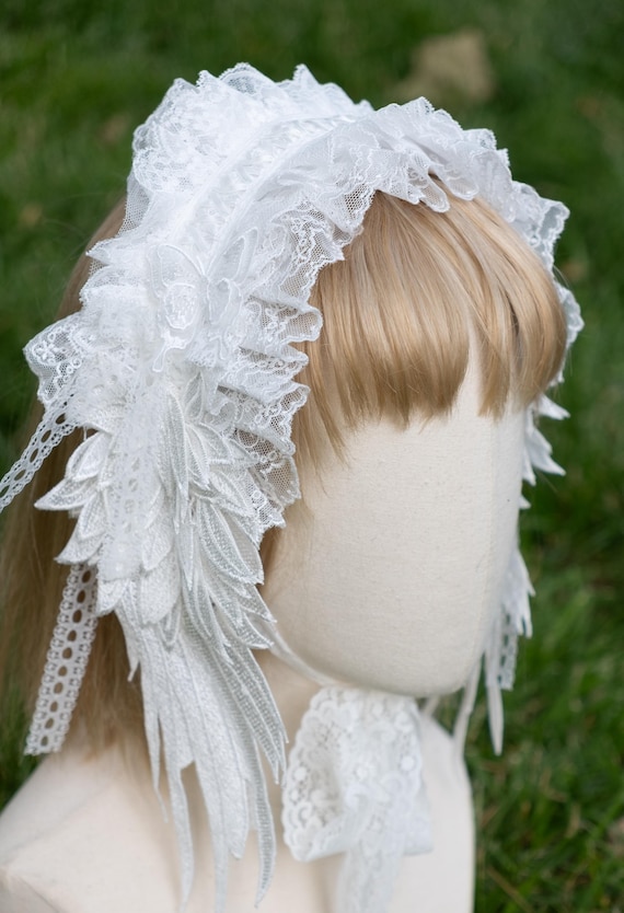 Victorian Headband Bonnet With Angel Wings, White, Adult  display picture 1