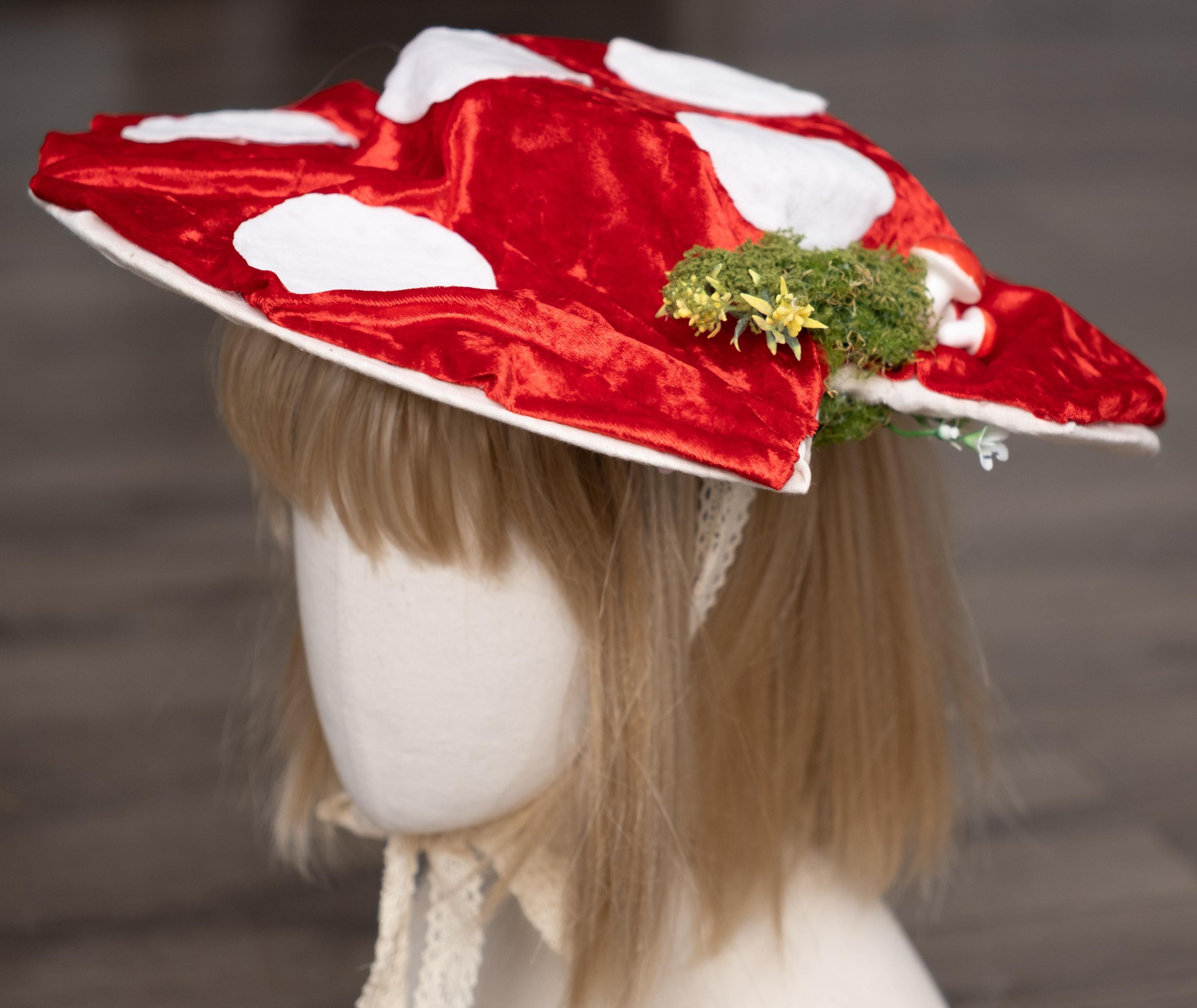 Red Mushroom Hat With White Dots, Velvet Mushroom Hat, With 
