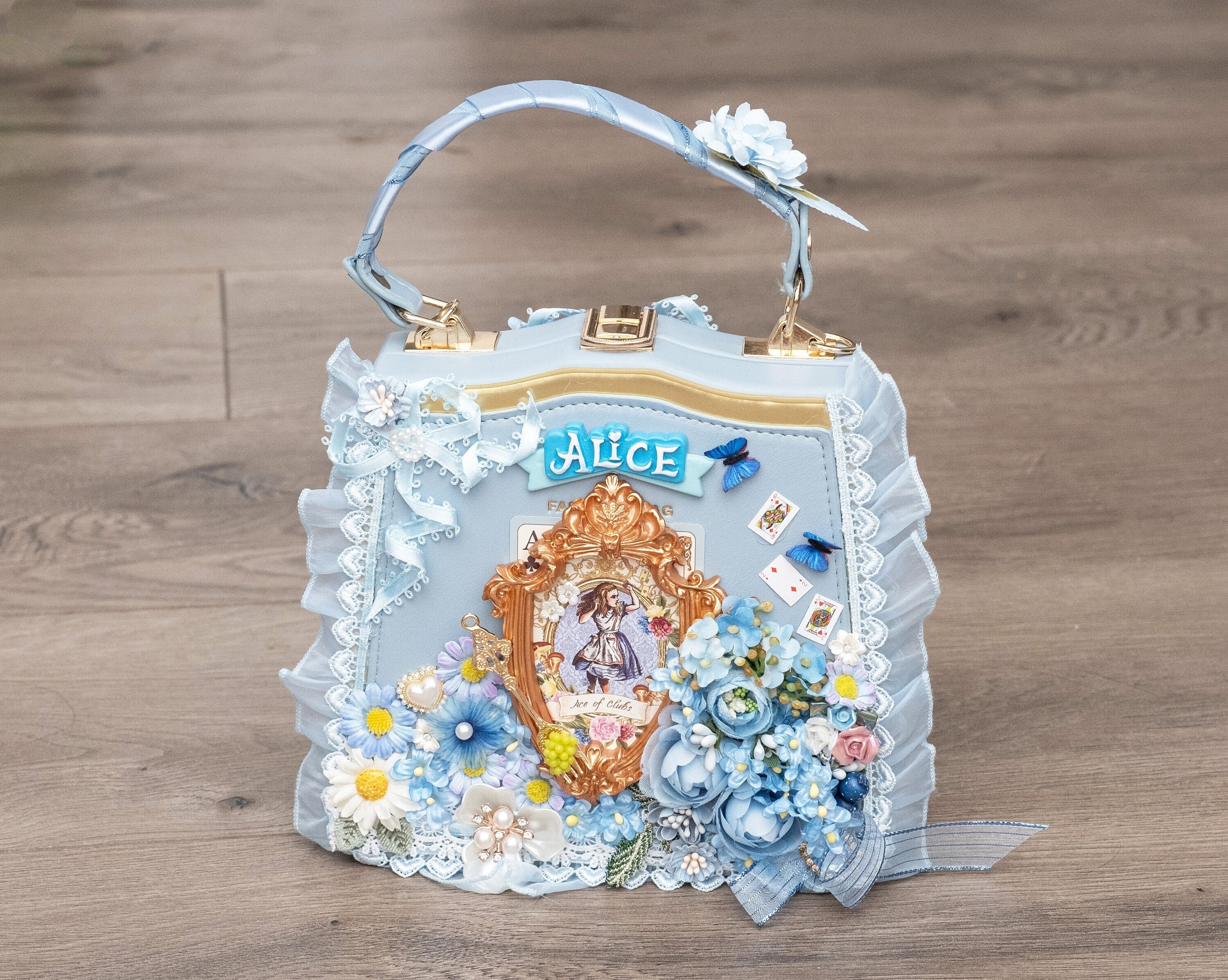 Alice in Wonderland Handbag, Blue Flowers and Gold Picture Frame