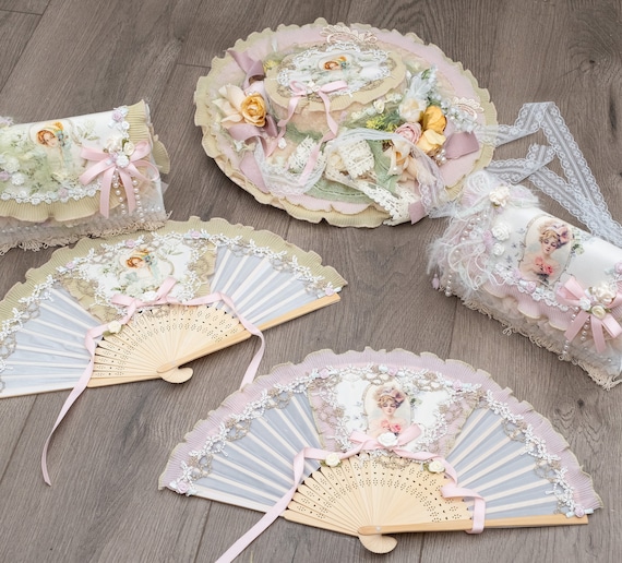 Victorian Fan, Beige Pink Green, With Laces, Ribbons and Oil