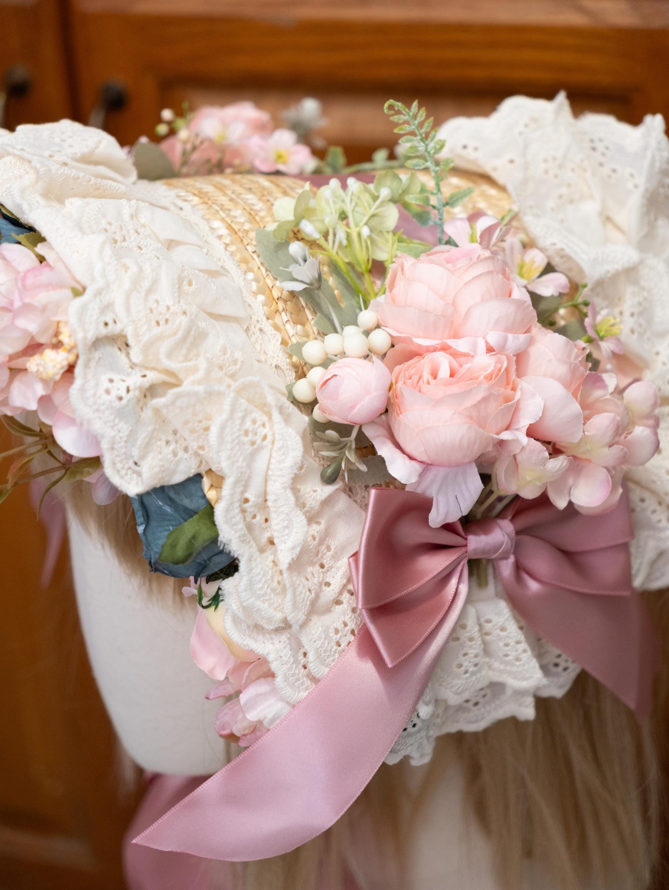 Victorian Flat Bonnet Full of Flowers, Pink and Blue, With  display picture 1