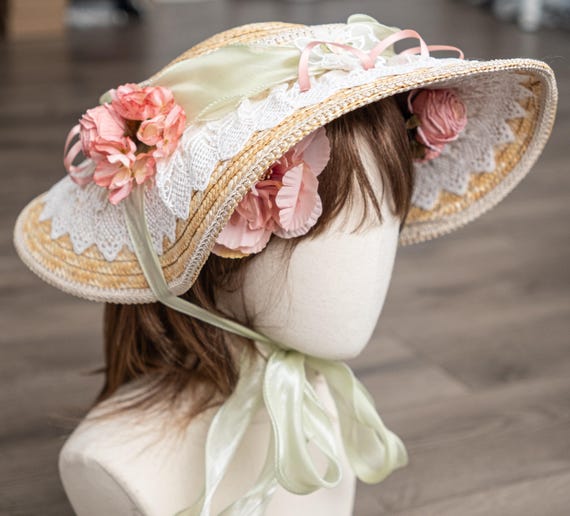 Victorian Bonnet, Pink Beige Green, With Flowers and Ribbons  display picture 1