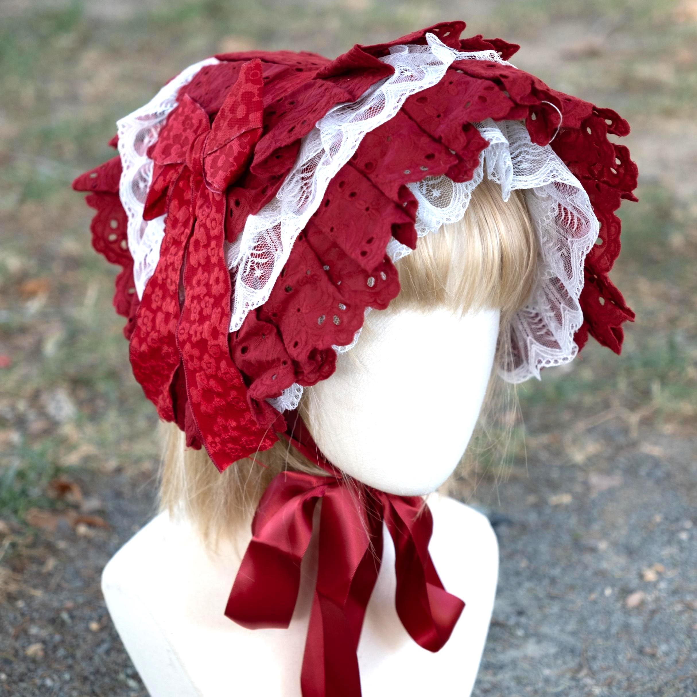 Red Prairie BONNET HAND MADE lace ruffle trim ribbon neck tie costume OS womens Amazon.com: Red Lace Ruffle Trim for Crafts 1-5/8 main image 2
