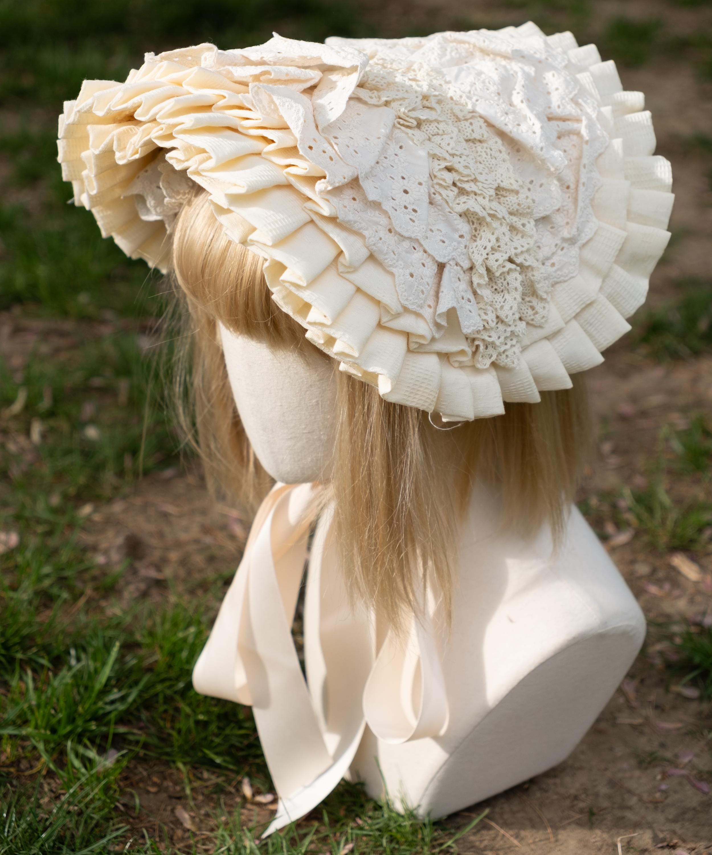 Victorian Flat Bonnet, Beige, Cotton Fabric With Lace, Adult  display picture 1