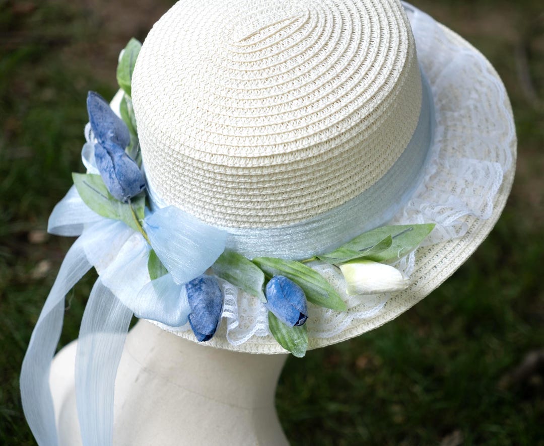 Victorian Bonnet With Blue Tulips and Ribbons, Adult Size  display picture 1