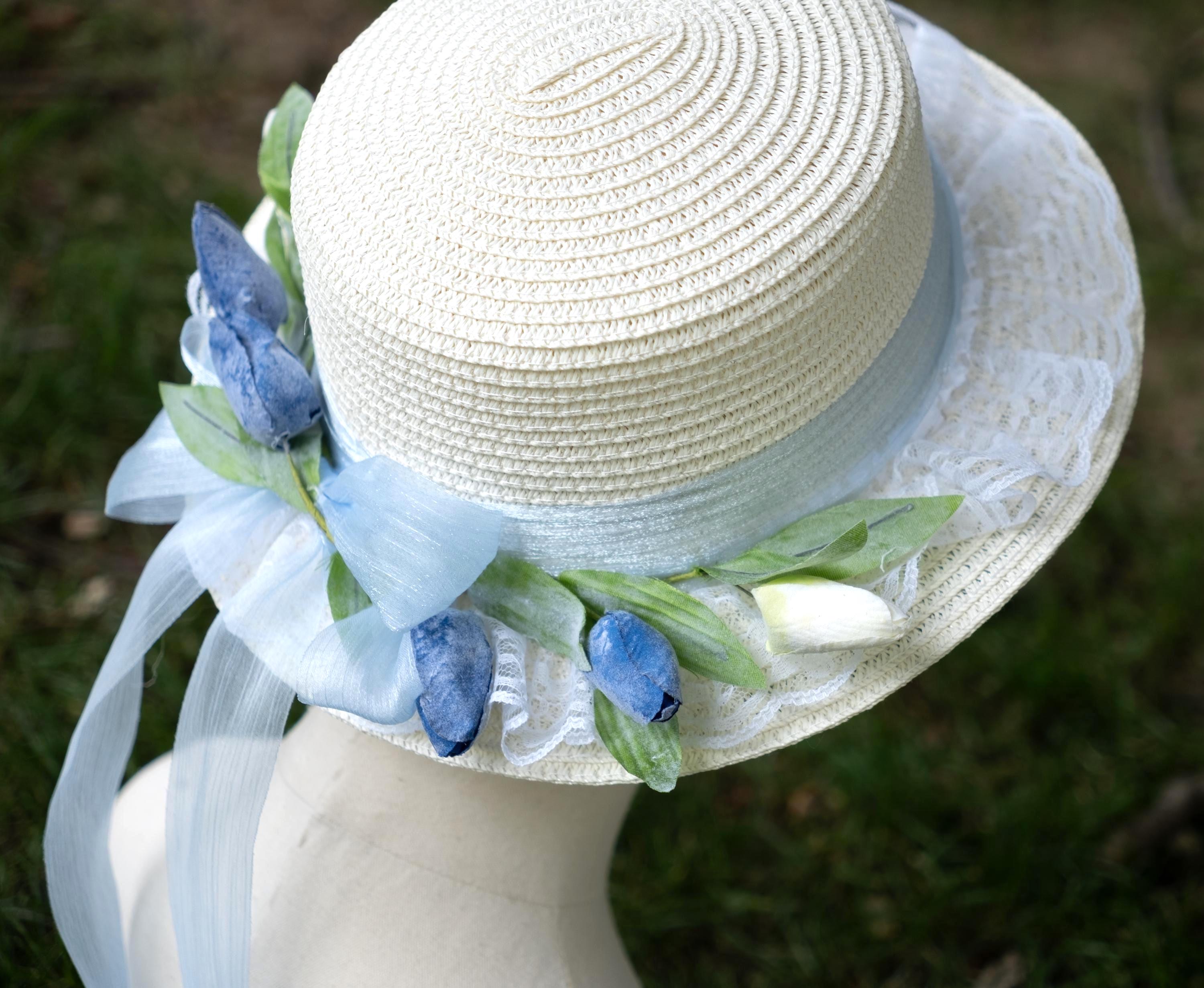 ロンパース・カバーオール melted butter TULIP bonnet &BODY suit Victorian Bonnet With Blue Tulips and Ribbons, Adult Size, Basket