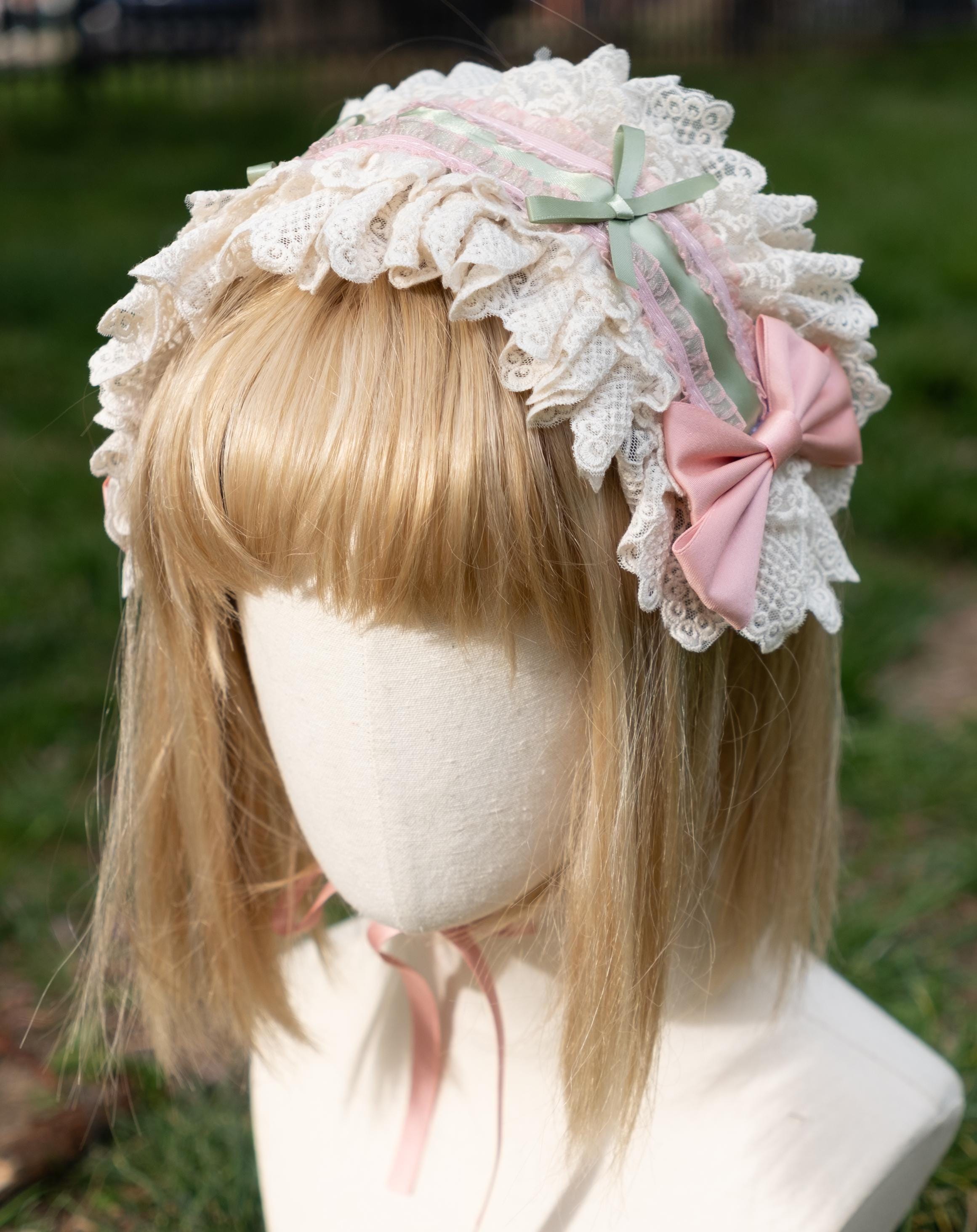 Sweet Lolita Headband, Pink and Green, Beige, With Lace and Bowtie