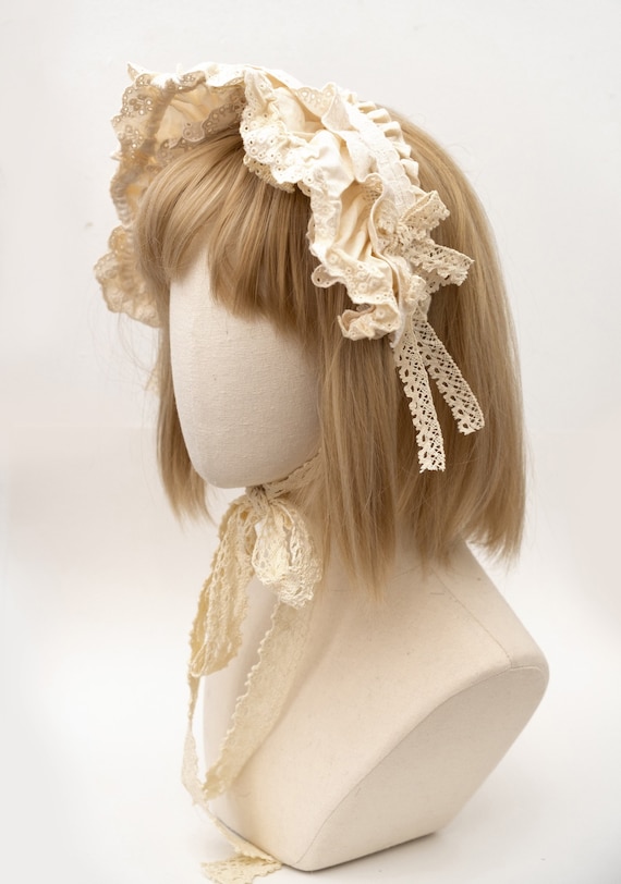 Victorian Bonnet, Beige, Cotton Fabric With Lace, Edwardian