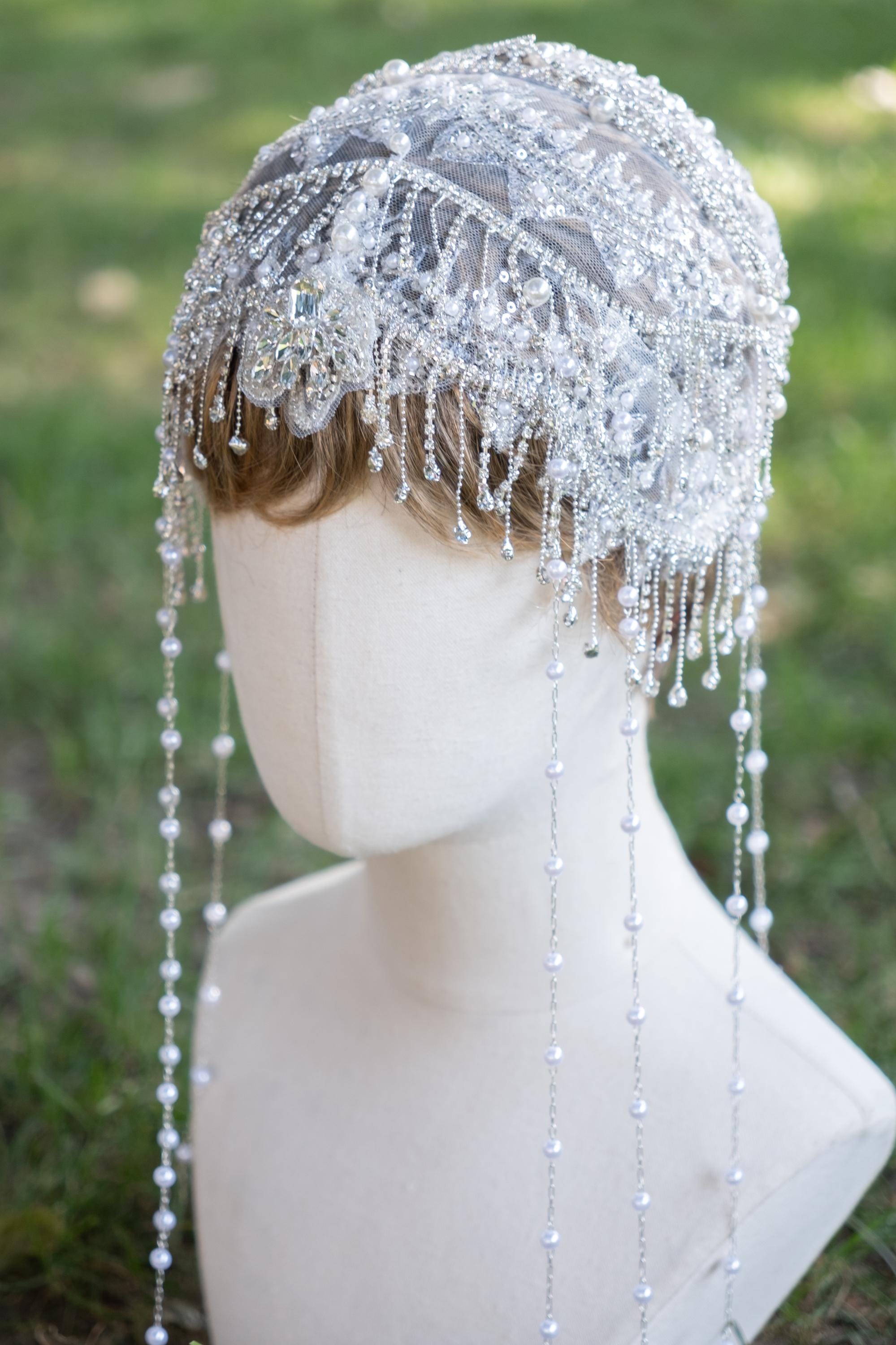 Gatsby Headpiece, White and Silver, Bead and Sequin, Jazz 