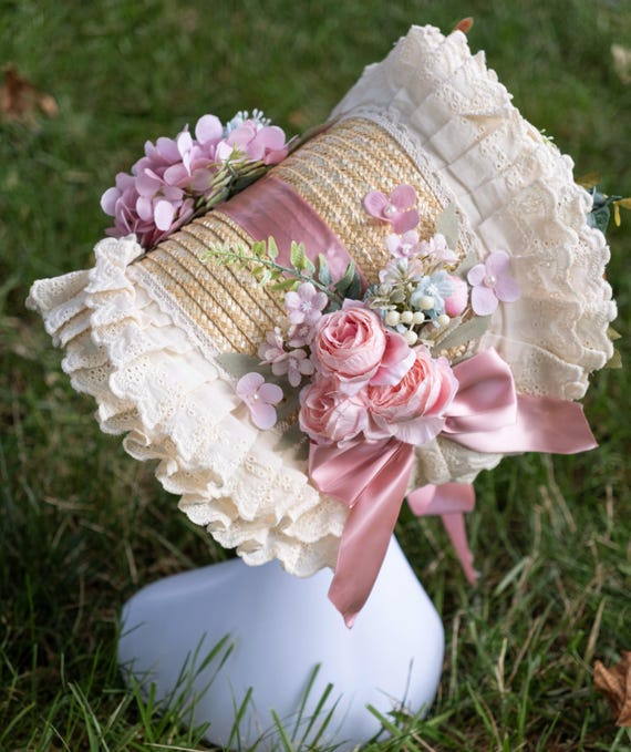 Linen Hat With Embellishing Details Big Rose With Lace Bow Victorian Bonnet, Pink Beige Green, With Flowers and Ribbons  main image 3
