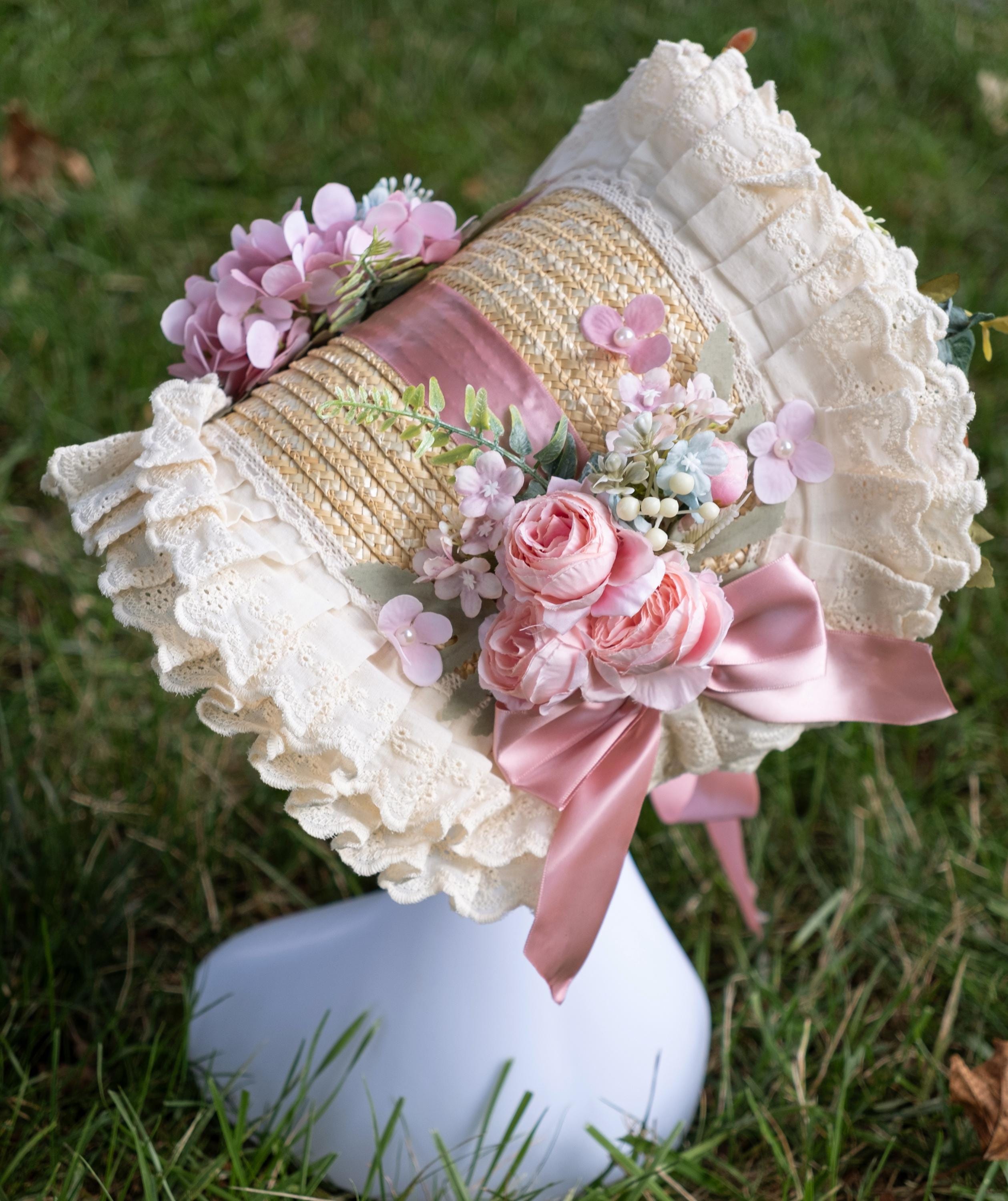 Victorian Flat Bonnet Full of Flowers, Pink and Blue, Adult Size