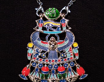 Replica ancient Egyptian pendant necklace, Tutankhamun winged scarab pendant, gold-plated, glaze painted by hand