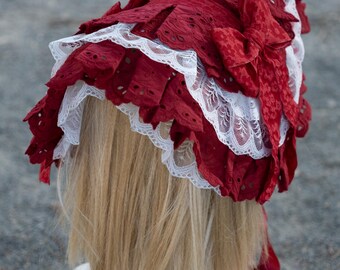 Victorian Flat Bonnet, Red and White, Adult Size, With Laces  display picture 2