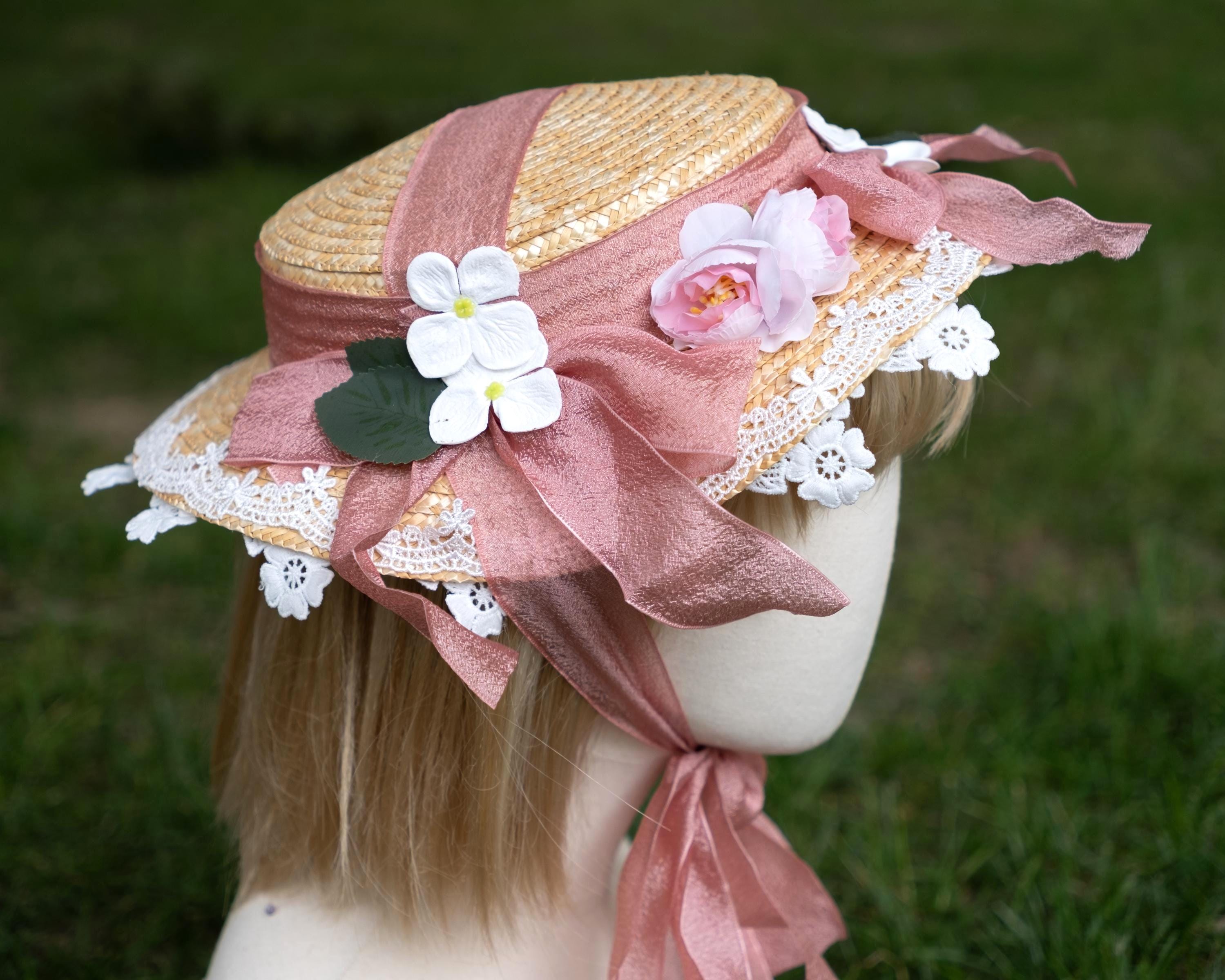Victorian Bonnet With Pink Ribbons and Flowers, Adult Size  display picture 1