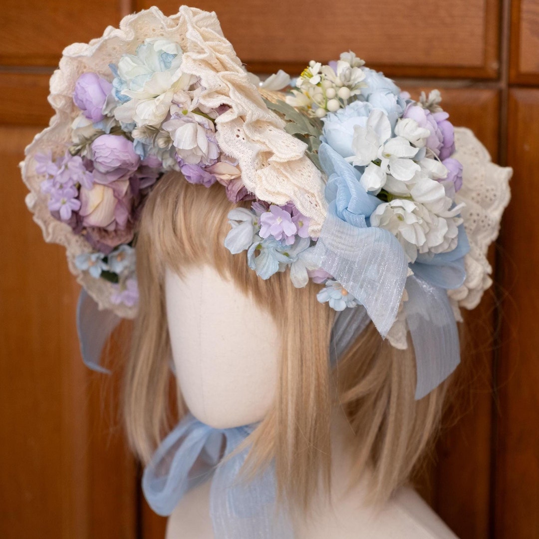 Victorian Flat Bonnet Full of Flowers, Blue and Purple, With