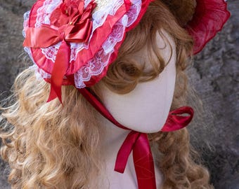 Red Victorian Straw Bonnet, Cottagecore Prairie Hat, Ruffled Floral Headpiece
