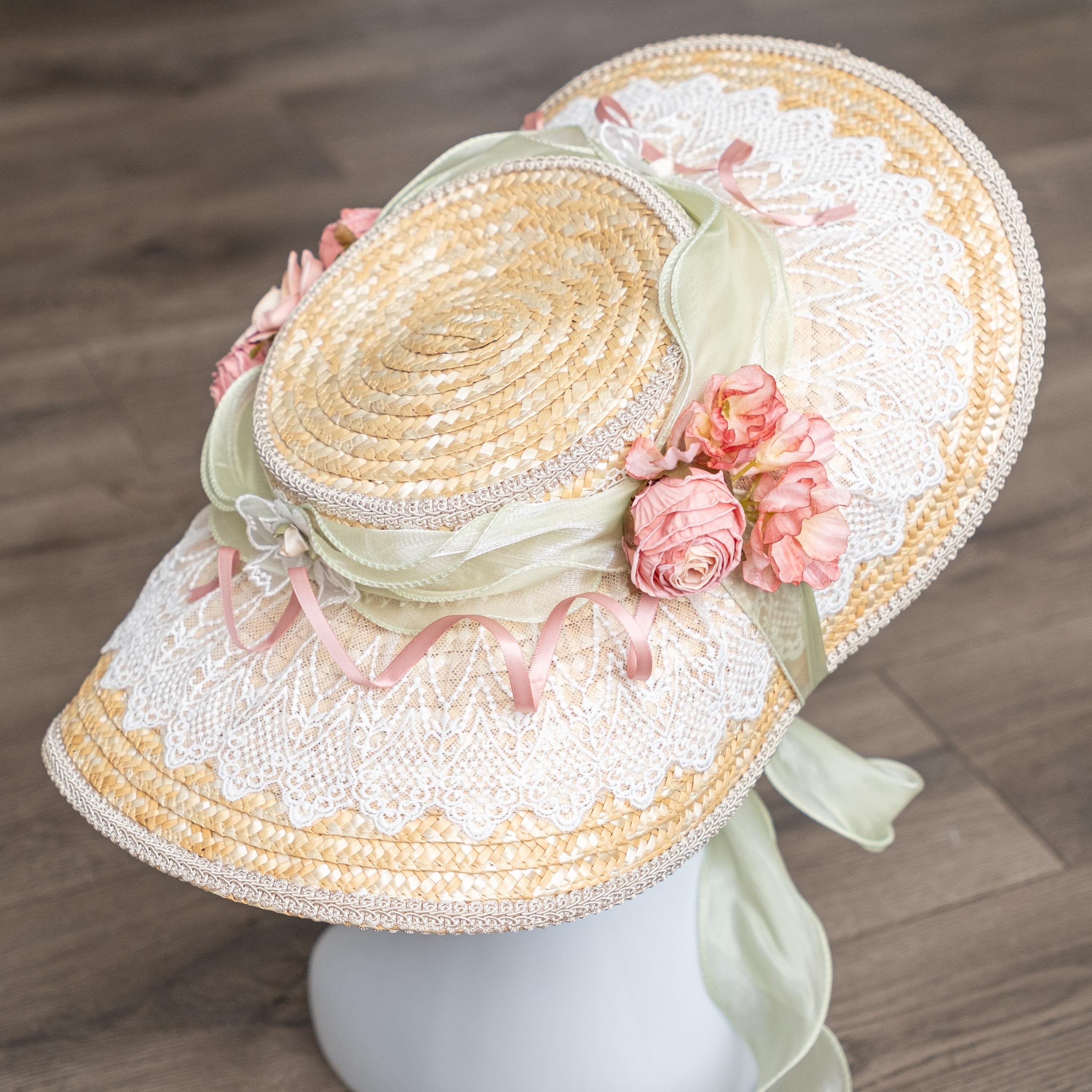 Women\'s Vintage Floral Embroidered Straw Flat Bonnet Vintage Floral Half Hat, Easter Bonnet, 1940s-50s Hat  main image 4