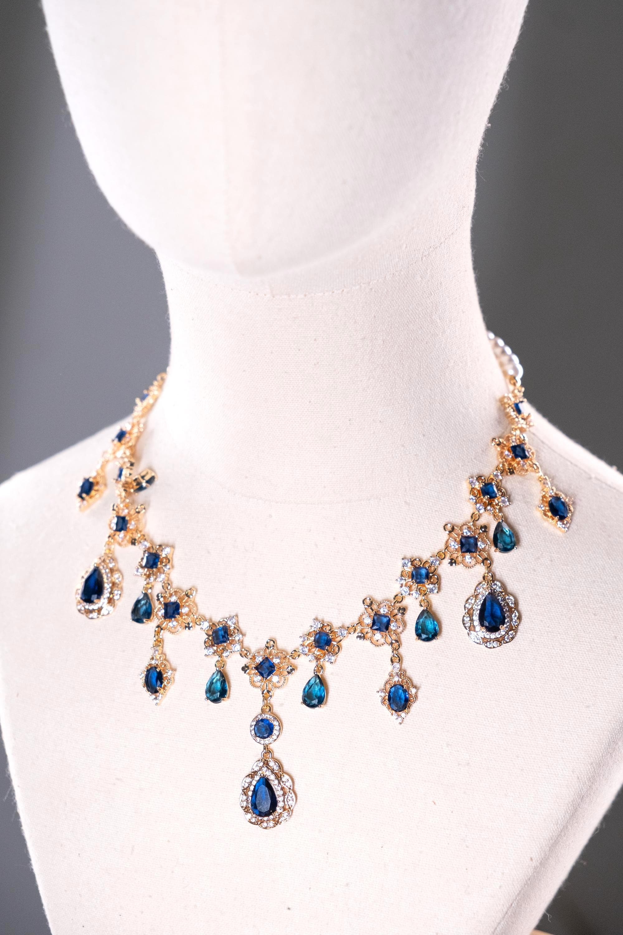 Ship After 10/20 | Victorian Necklace and Earrings, Blue and Gold