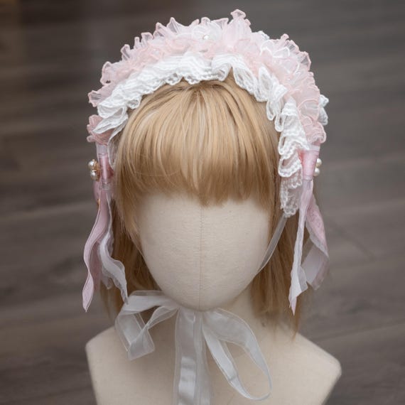 Classic Lolita Headband, Pink White, Adult Size, Bowtie Lace 