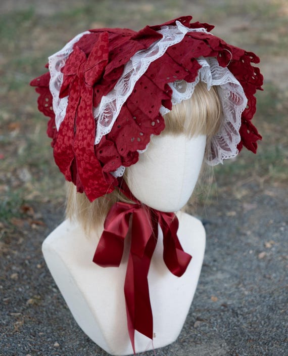 Victorian Flat Bonnet, Red and White, With Laces, Prairie  display picture 3