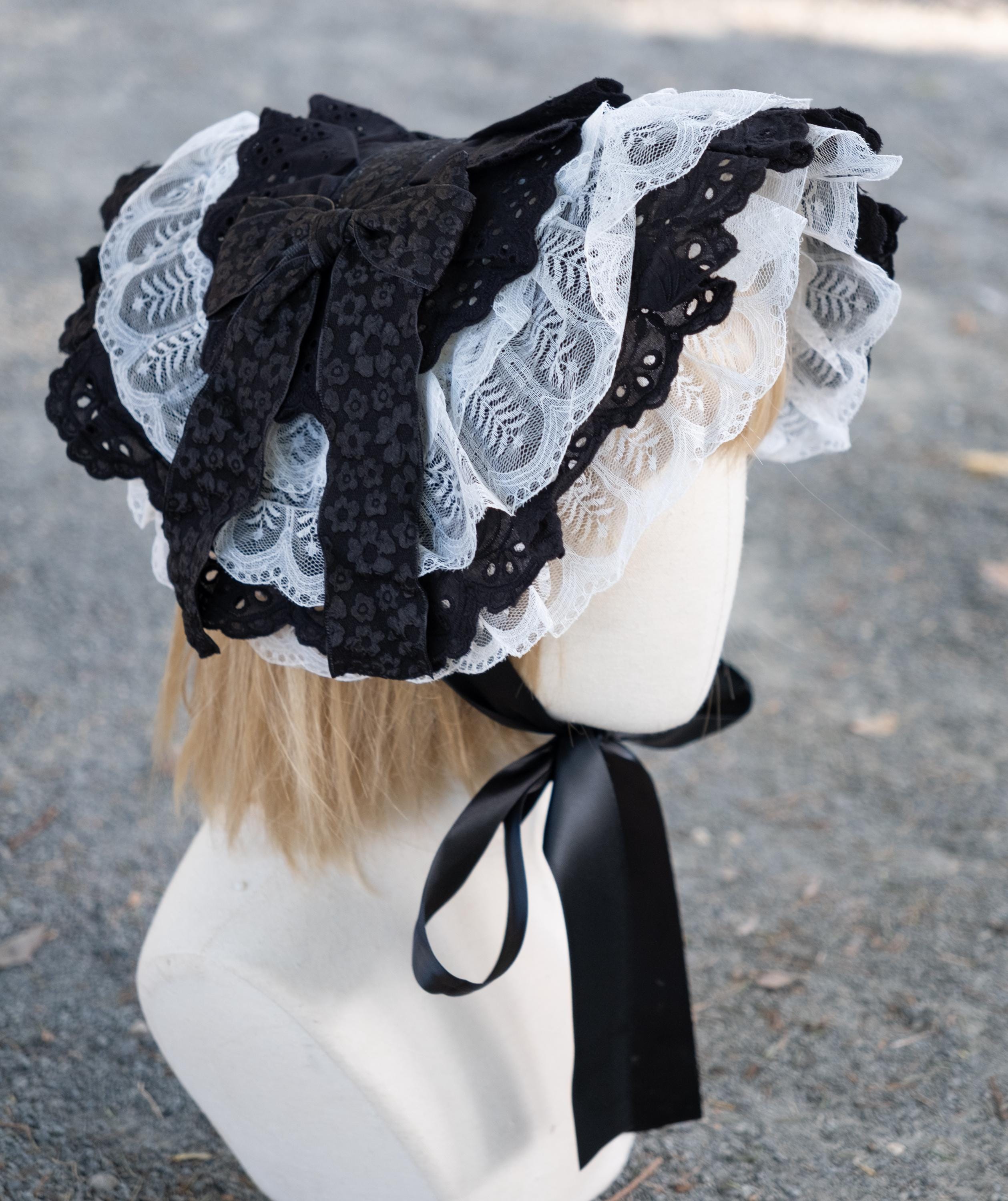 Victorian Flat Bonnet, Black and White, Adult Size, With Laces