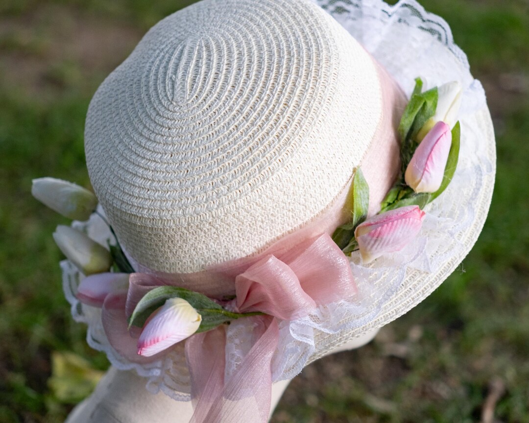 Bonnet Ribbon Victorian Bonnet With Pink Tulips and Ribbons, Adult Size, Basket ...